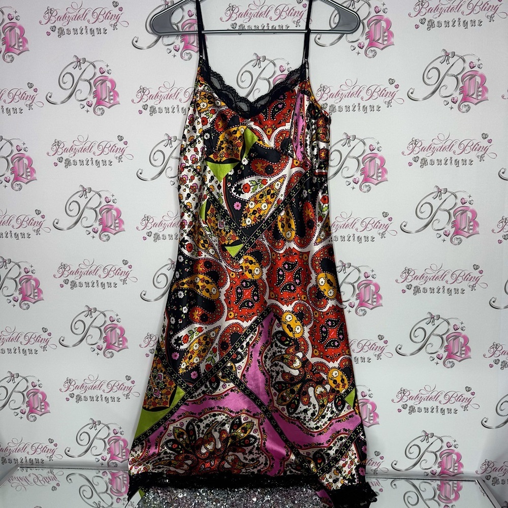 Linea domani dress silky shiny paisley print luxury boho long maxi sexy lace